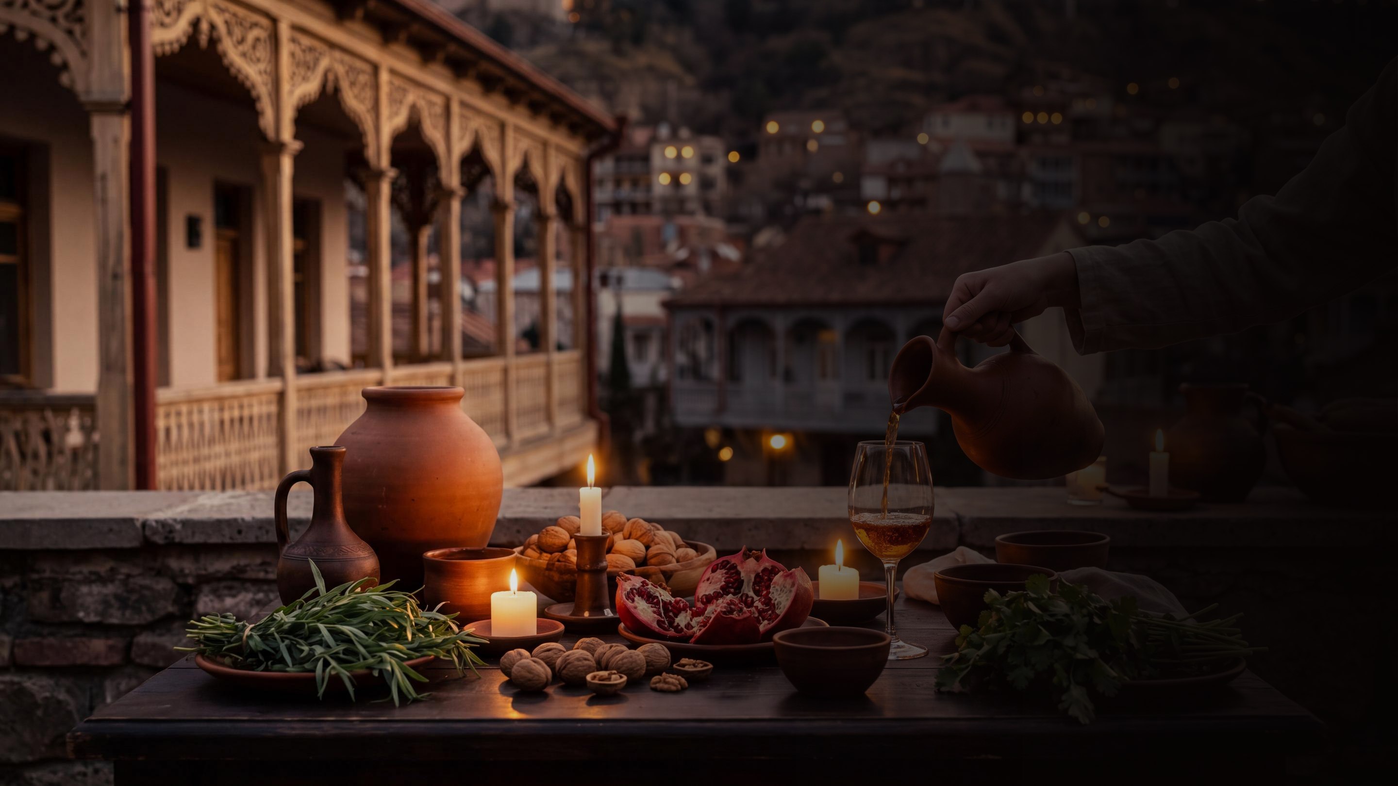 Vin géorgien et table accueillante à Tbilissi