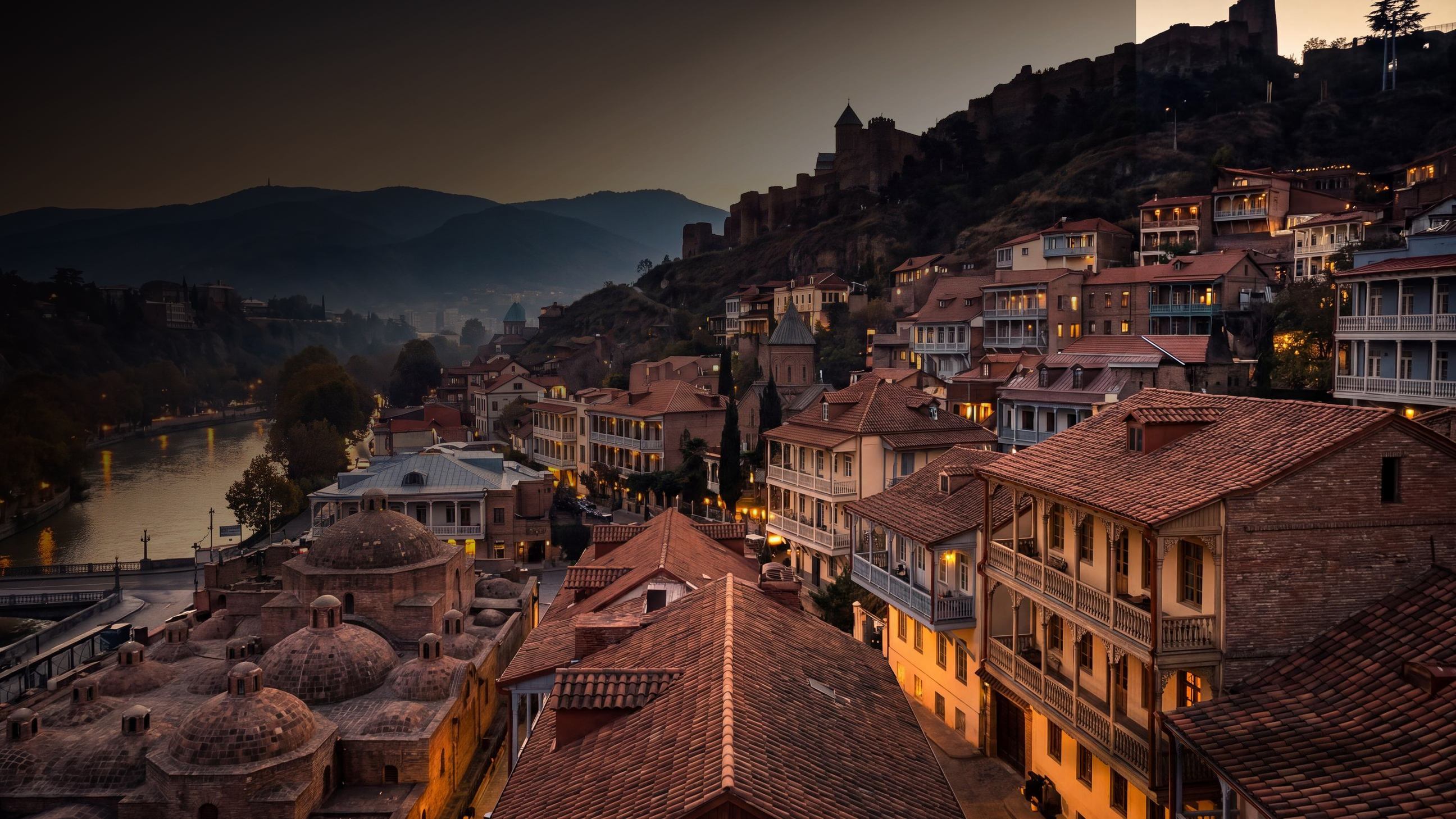 Toits, balcons et colline de Narikala dans le vieux Tbilissi